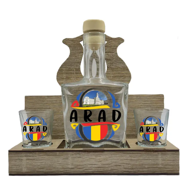 Arad romania, suport din lemn cu sticla si 2 pahare, model hgs026